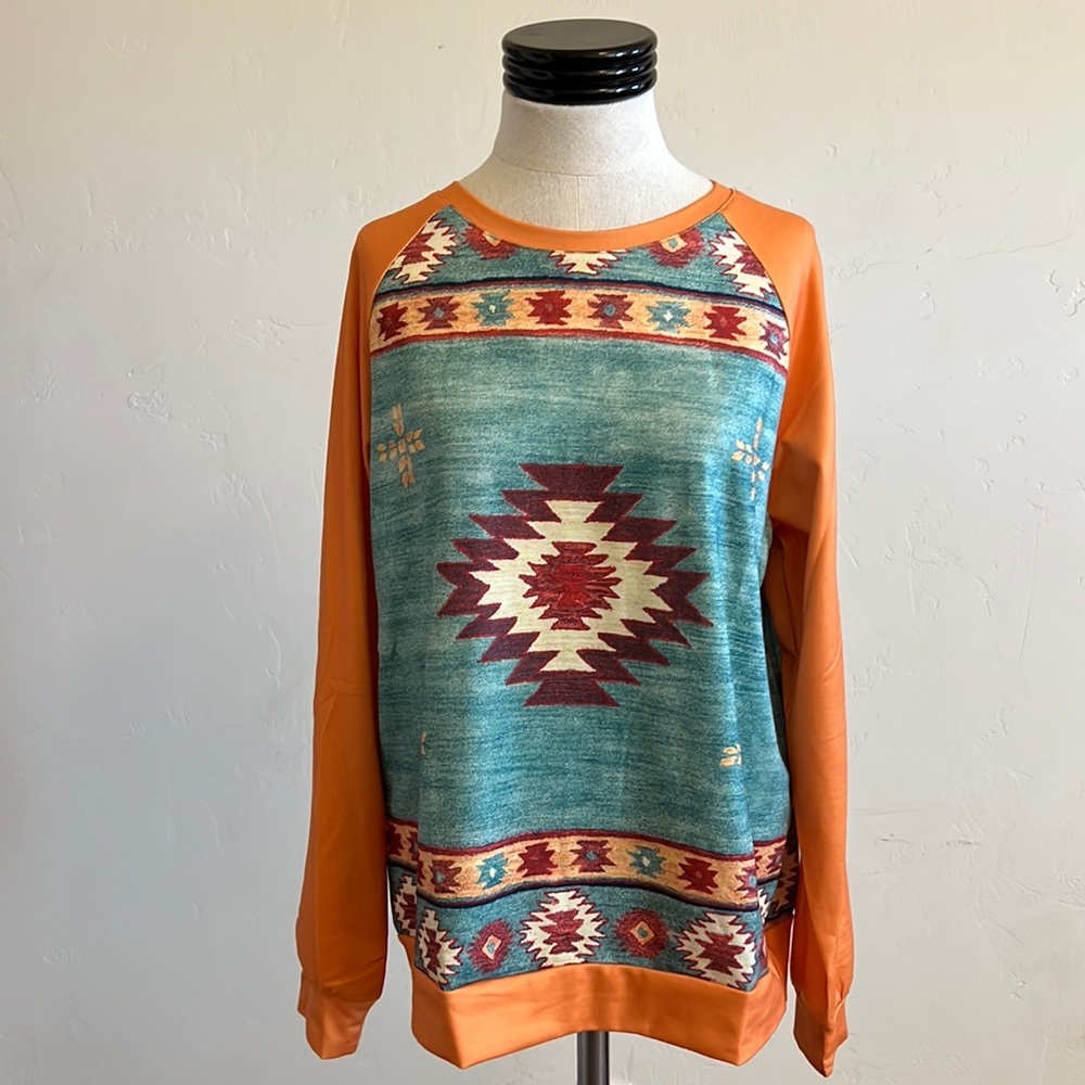 NWOT Copper & Turquoise Aztec pullover